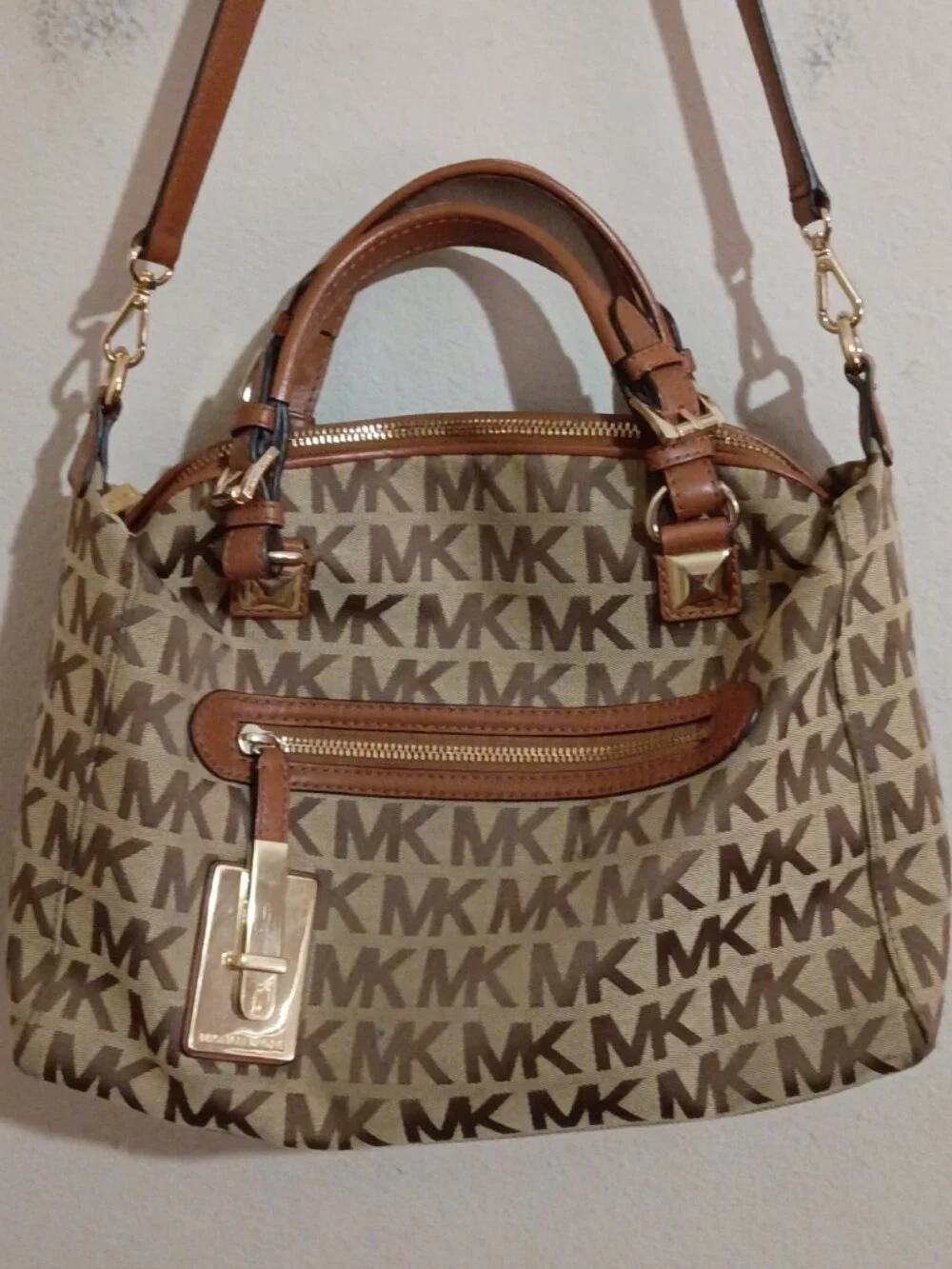 MICHAEL KORS Large Satchel MK Signature Tangerine Leather Jacquard Bag Canvas